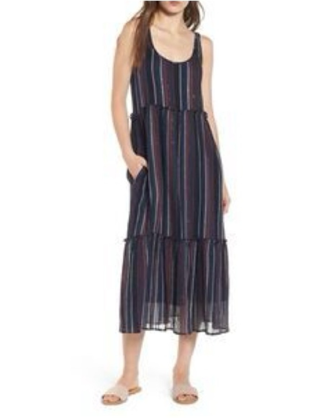 hinge Navy and Multi-Stripe Tiered Sleeveless Maxi Dress